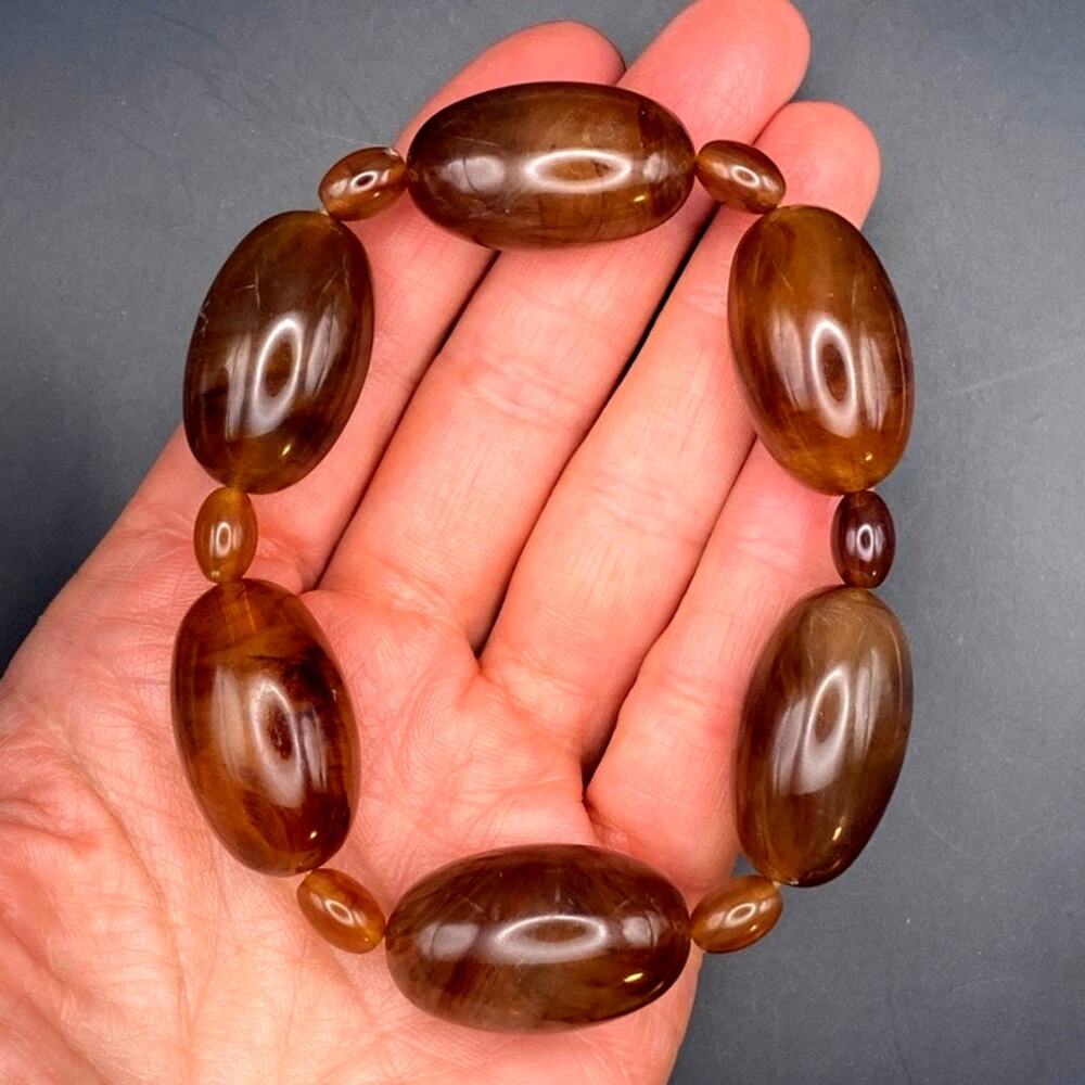 Vintage Mid Century Amber Chunky Bold Oval Beaded Stretch Bracelet